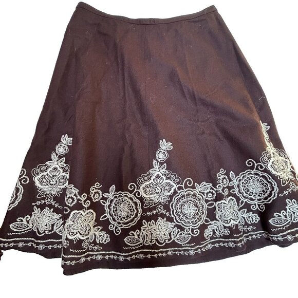 Boden Womens Sz 16R Wool Blend Brown White Floral Embroidered A-Line Skirt Lined
